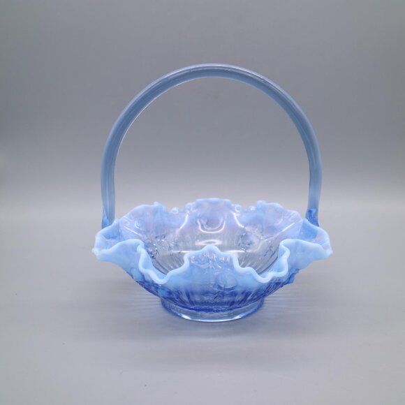 Fenton Glass Bride Basket Raffled Lavender Blue Opalescent Cabbage Rose Vintage - Picture 2 of 8
